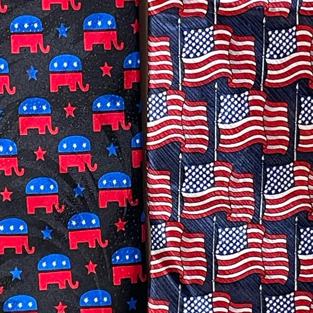 Mens USA Patriotic Necktie 1 USA Flag 1 USA Elephant Republican Party‎ Set of 2